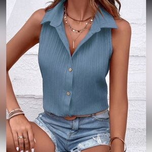 New Blue Sleeveless button down Top